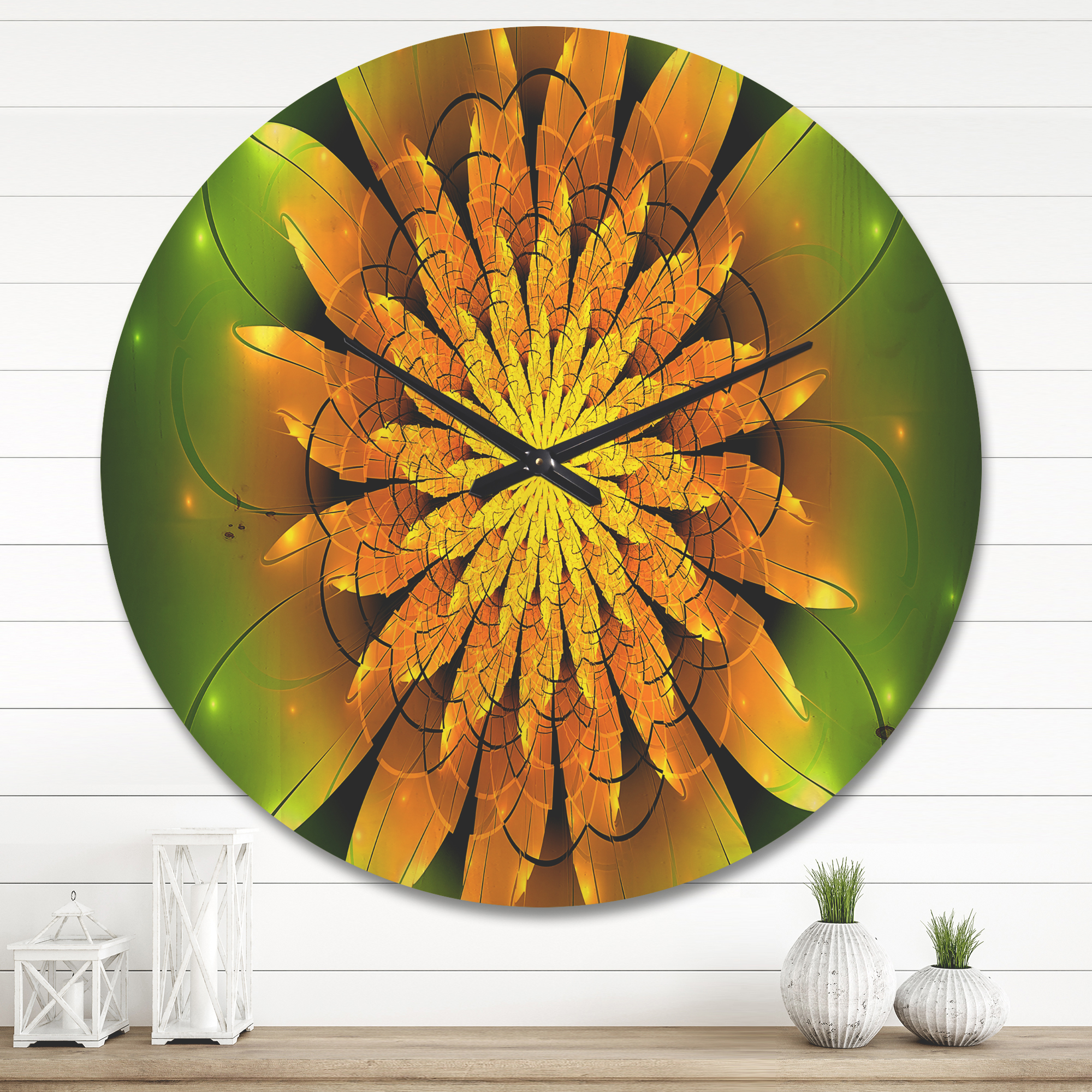 Designart 'Fractal Bright Yellow Flower on Green ' Modern Wood Wall Clock