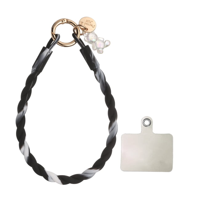 Cinta de cristal de silicona, 33 cm (13") correa de muñeca para teléfono con broche y oso para mujeres, tarjeta de identificación de teléfono (degradado negro y blanco)