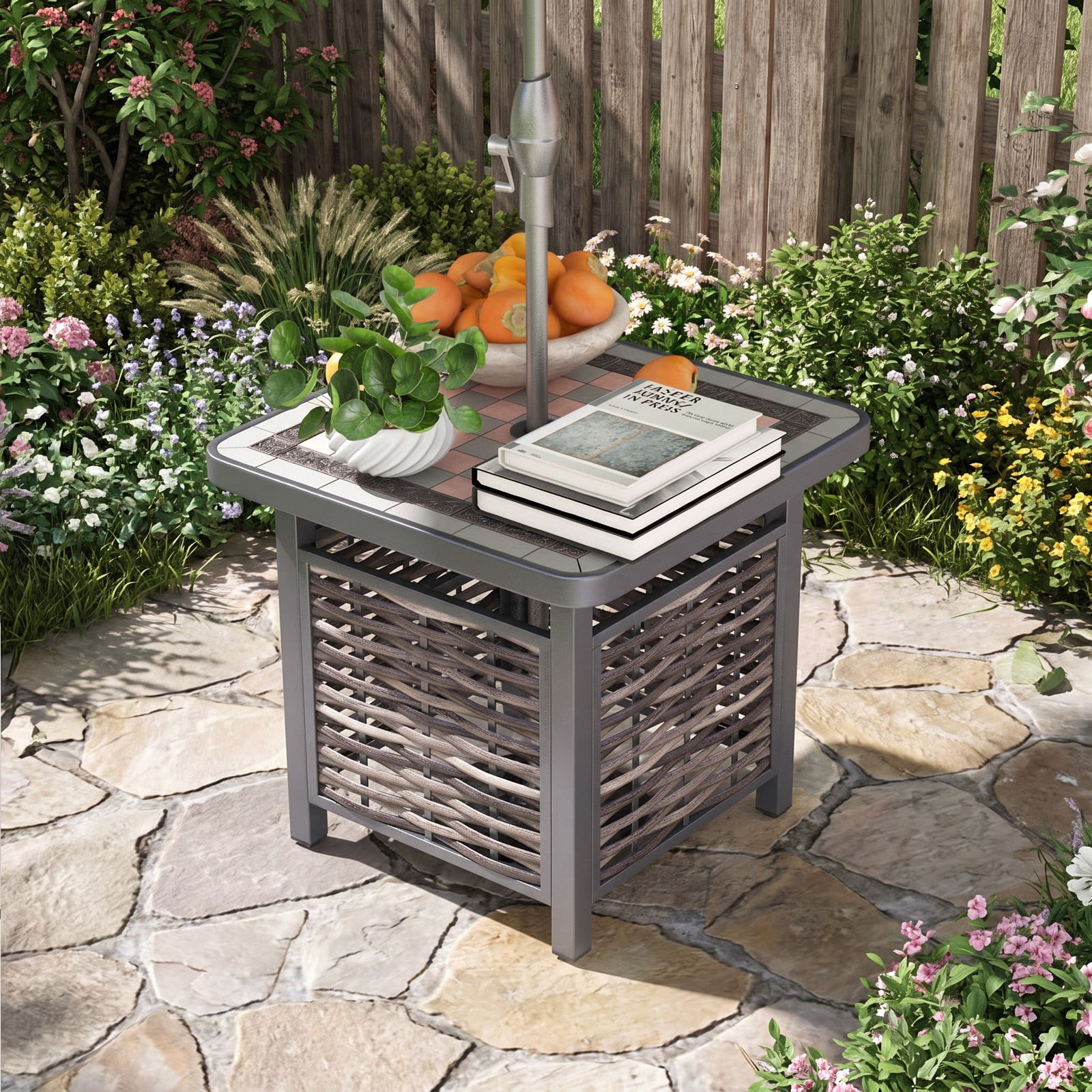 Furnibear 21.5 Inch Square Outdoor PE Rattan Patio Side Table with Umbrella Hole for the Backyard and Poolside, Black and Brown