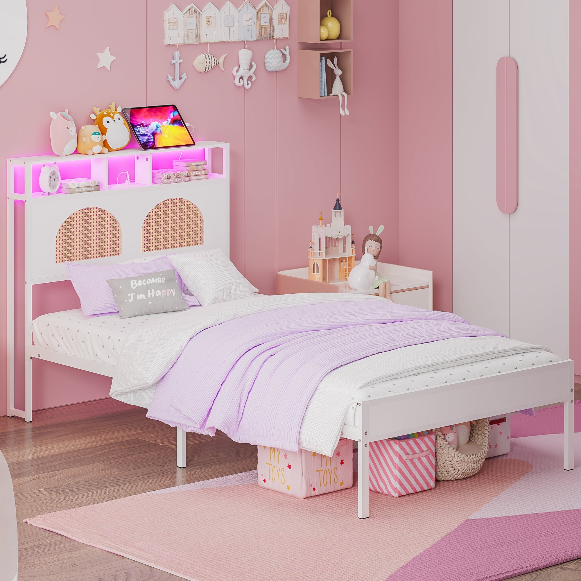 Yoneston Twin Bed with Wood Rattan Storage LED Light Headboard, Metal Platform Bed Frame with Charging Station for Kids Teens, White