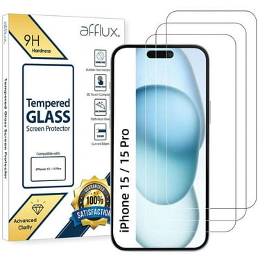 Afflux 3 Pack Glass Screen Protector for iPhone 15 / iPhone 15 Pro, HD Clear Tempered Glass, Shatterproof, Rounder Edges, In Hard Retail Box