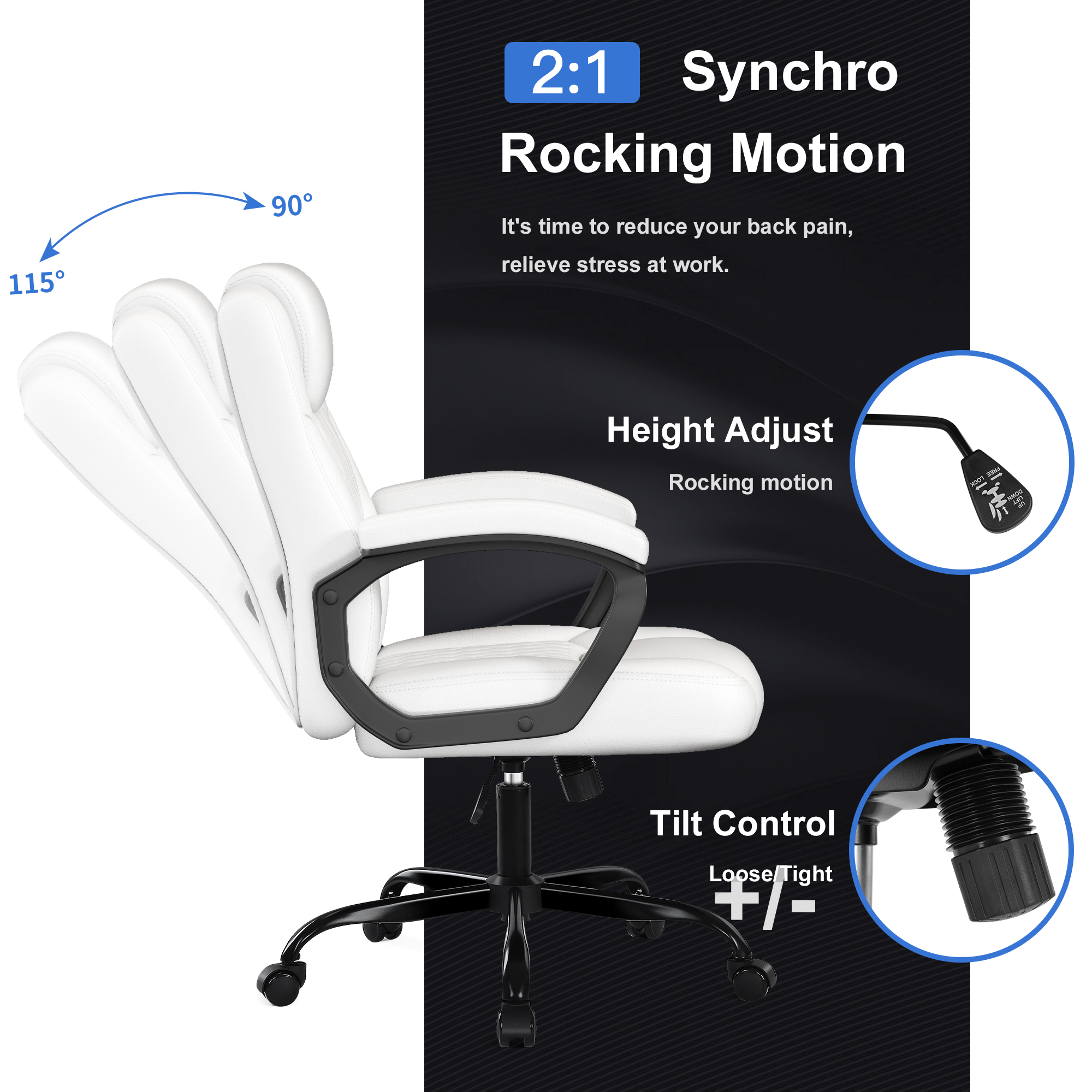 Misolant Office Chair, Executive Desk Chair, PU Leather Comfortable Executive Chairs with Fixed Armrest, Adjustable Height, Rocking Function, 360° Swivel Wheels