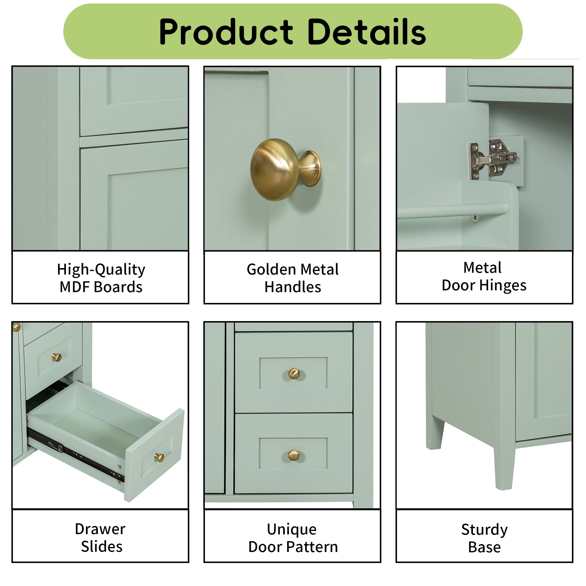 Anpport 30" Freestanding Bathroom Vanity with Sink, Modern MDF & Rubberwood Cabinet, 3 Drawers, Adjustable Shelf & Left‑Side Door, Light Green
