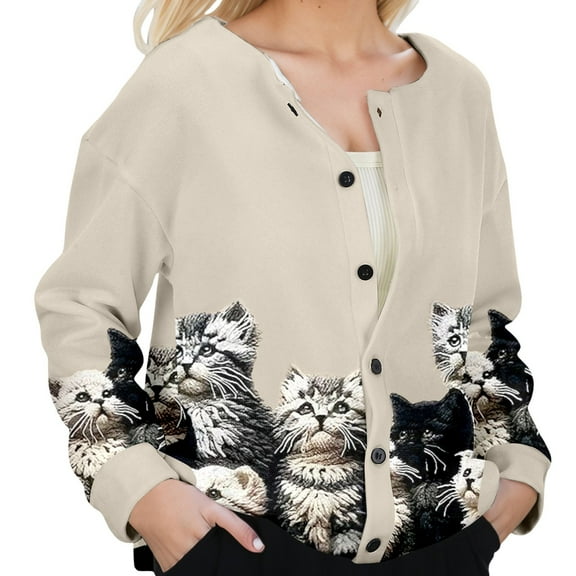 Wang6 Women Oversize Cardigans Jacket Trendy Long Sleeve Lightweight Button down Coat Fall Open Front Cute Cat Printed Outwear Tops Beige XL