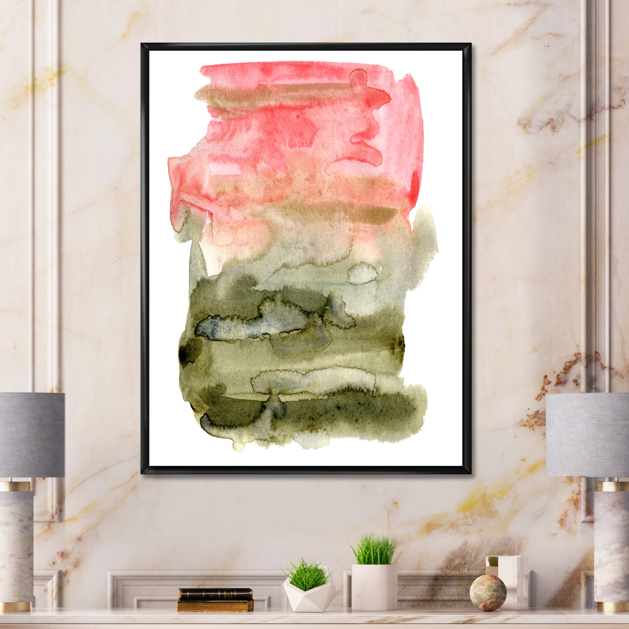 Designart 'Red Pink and Green Abstract Clouds' Modern Framed Canvas Wall Art Print