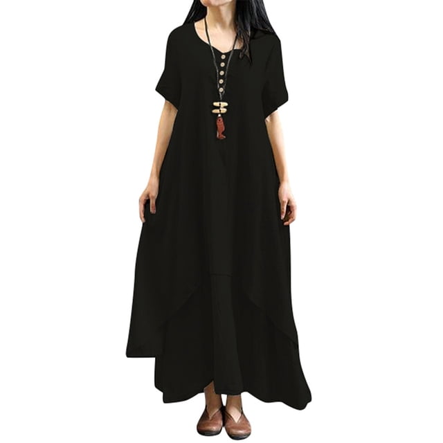 Nueva moda mujer vestido flojo ocasional del color sólido de manga corta boho summer maxi vestido la Tomshoo Negro 3X-Grande