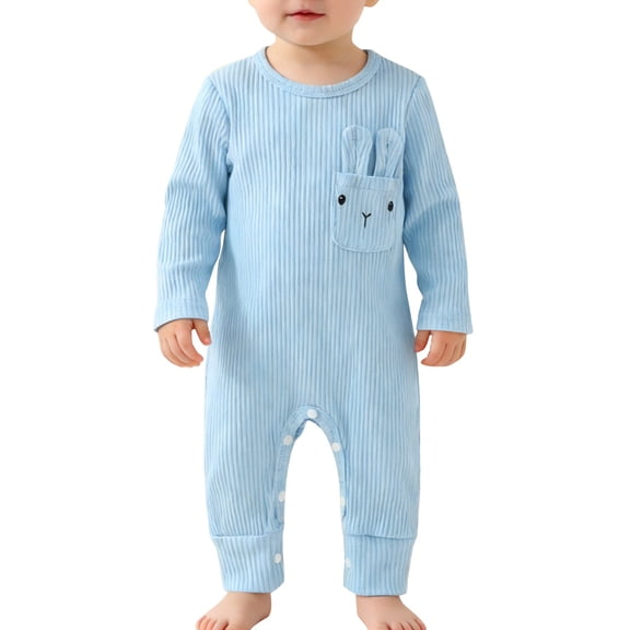 Ruyang New Born Baby Boy Easter Outfit Knit Ribbed Bunny Rabbit Ear Pocket Romper Jumpsuit Boys One Piece Long Sleeve Cotton Onesie