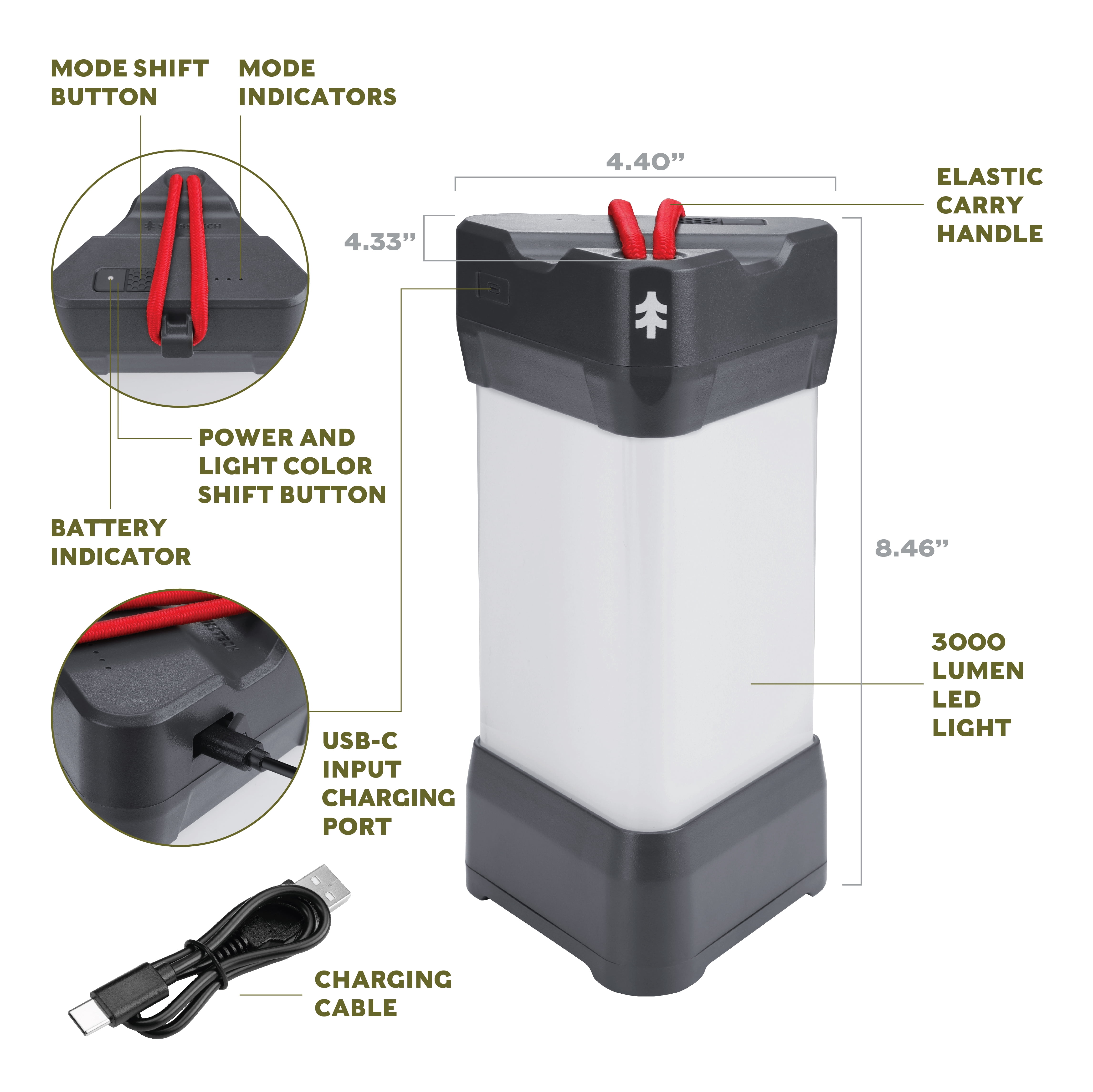 Swiss Tech Dreiklang 3000-Lumen Rechargeable Camping Lantern, IP54 Weatherproof LED Lantern with Bungee Hanging Strap, 10 Light Modes & 36-Hour Runtime