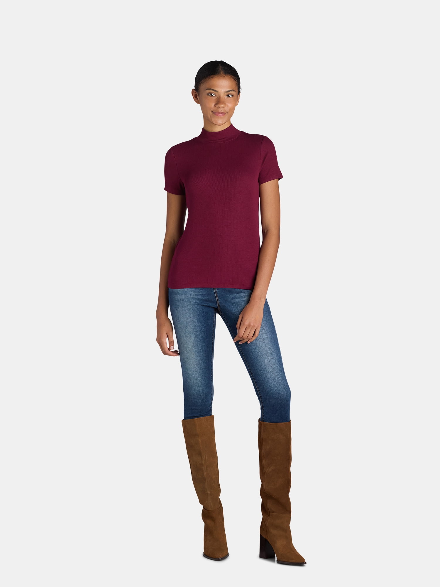 Time and Tru Women's Short Sleeve Mock Neck, Sizes S-XXXL