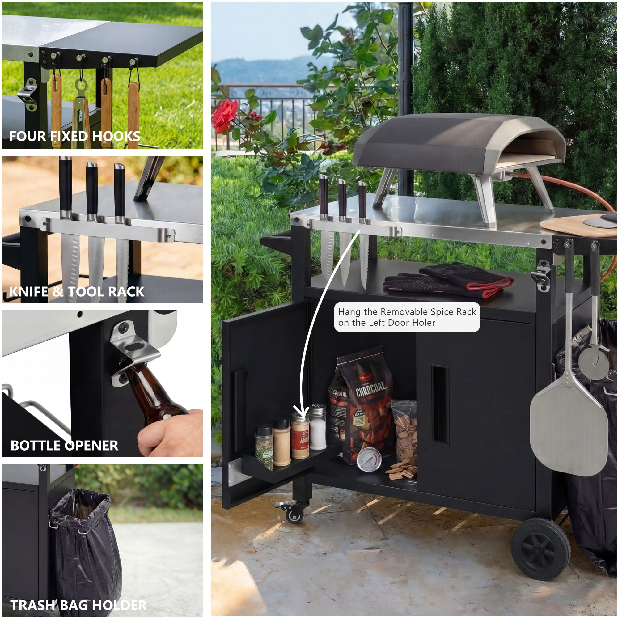 Aukfa 45" Outdoor Grill Cart with Weatherproof Cover, Stainless Steel BBQ Table with Foldable Side Shelf & Storage Cabinet, Black