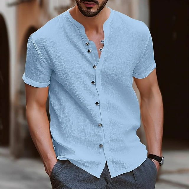 TIMIFIS Mens Short Sleeve Top Cotton Linen T Shirts Beach Solid Short Sleeve Shirts V-neck Button Closure Tops Blouse - Spring/Summer