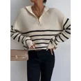thumbnail image 6 of Women Striped Drop‑Shoulder Half Zip‑Up Knit Sweater, Loose Casual Long‑Sleeve Top, 6 of 6
