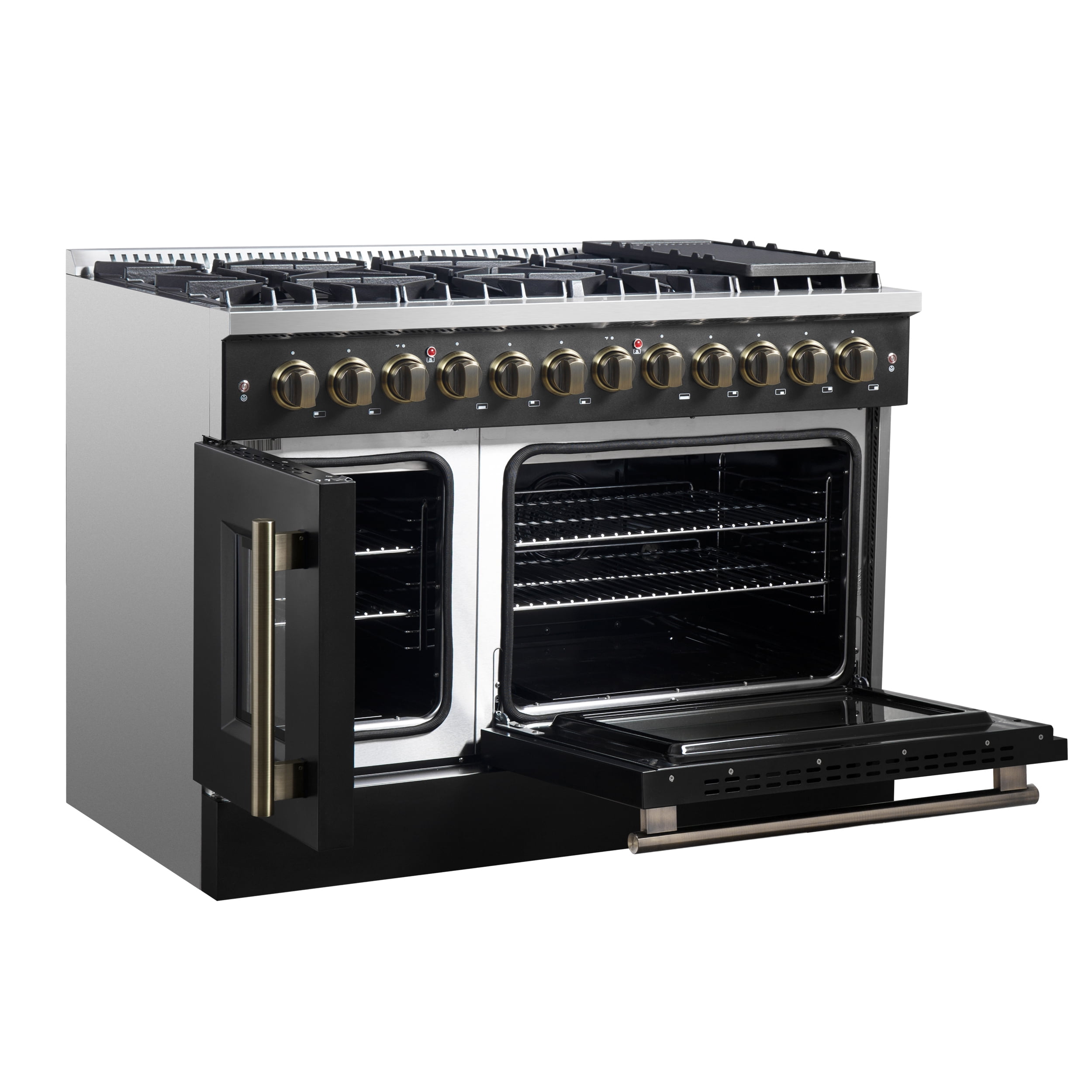 Forno Galiano 48-inch French Door Dual Fuel Range, Black  Antique Brass Design, 8 Sealed Burners - 107,000 BTU, Griddle, 6.58 cu.ft. Double Ovens