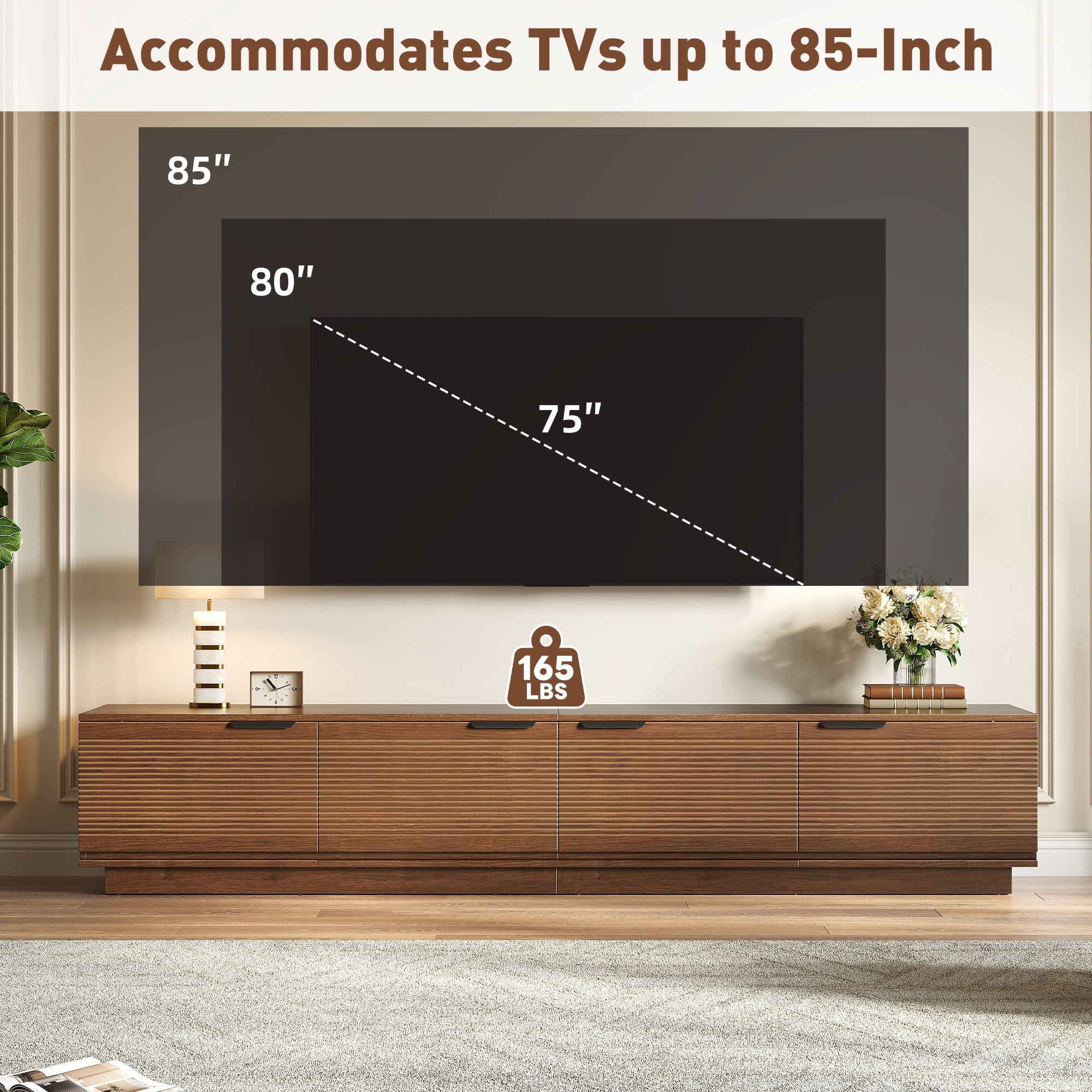 TV Stand for TVs up to 85 Inch, Entertainment Center with Fluted Doors & Cable Management, Media Console with Soft-Close Hinges for Living Room