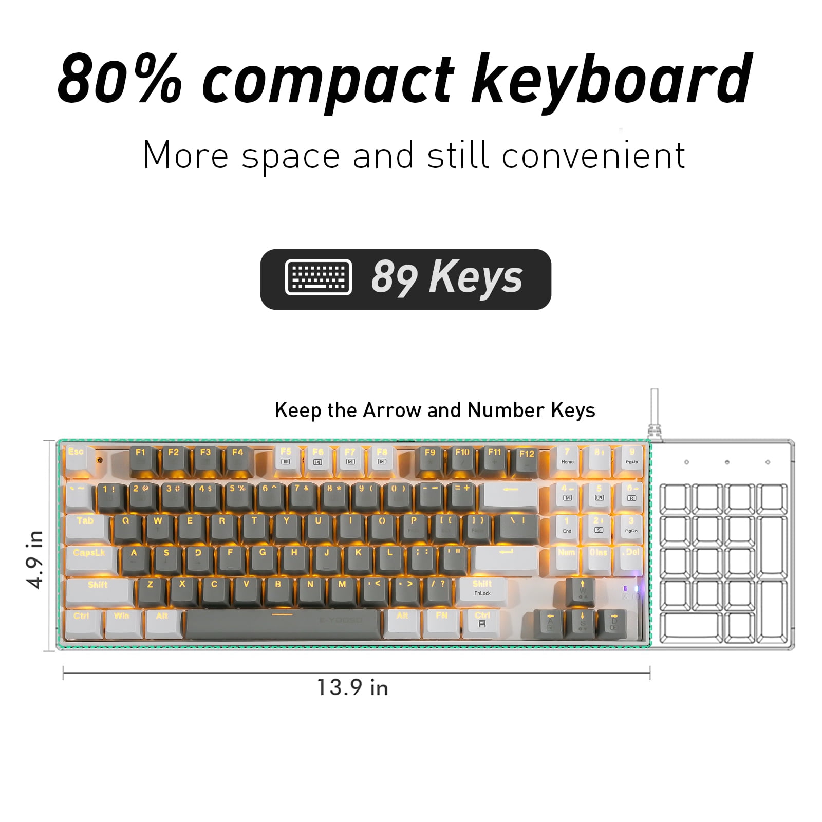 Mechanical Keyboard, E-YOOSO Wired Compact LED Backlit Computer Keyboard with Number Pad, 89 Keys Mechanical Gaming Keyboard with Linear Red Switch for Windows/Mac, Laptop/PC, Grey White