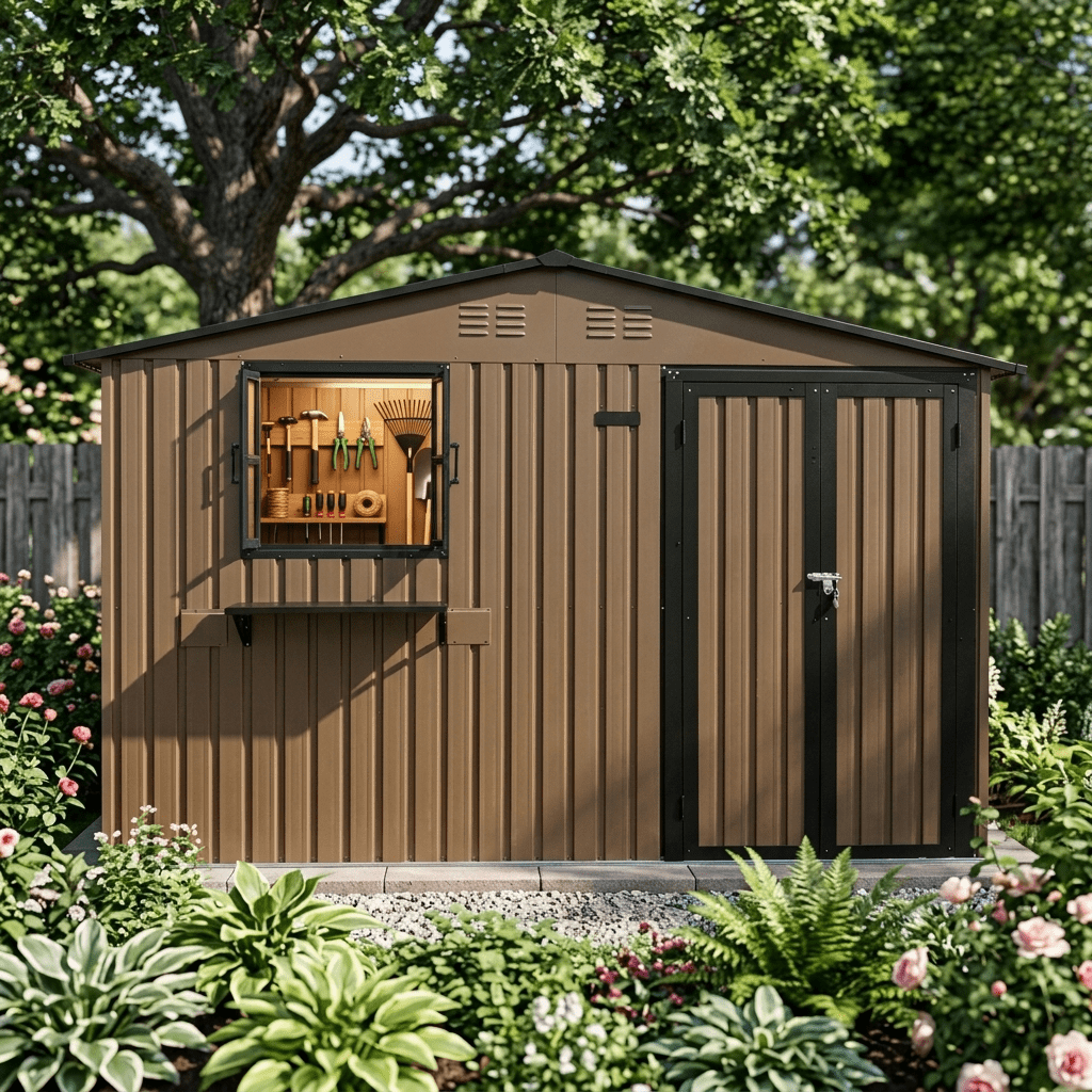 Mintazer 10×8ft Metal Outdoor Storage Shed with Lockable Door & Window, Weatherproof Garden Tool Shed with Flower Baskets, Brown
