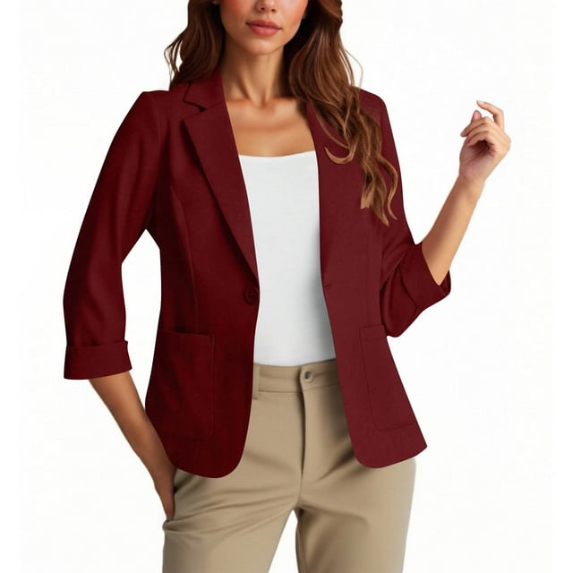 HongQid Blazer Décontracté pour Femmes à un Bouton devant, Manches 3/4 Froncées, Col Cranté, Léger pour Bureau avec Poches