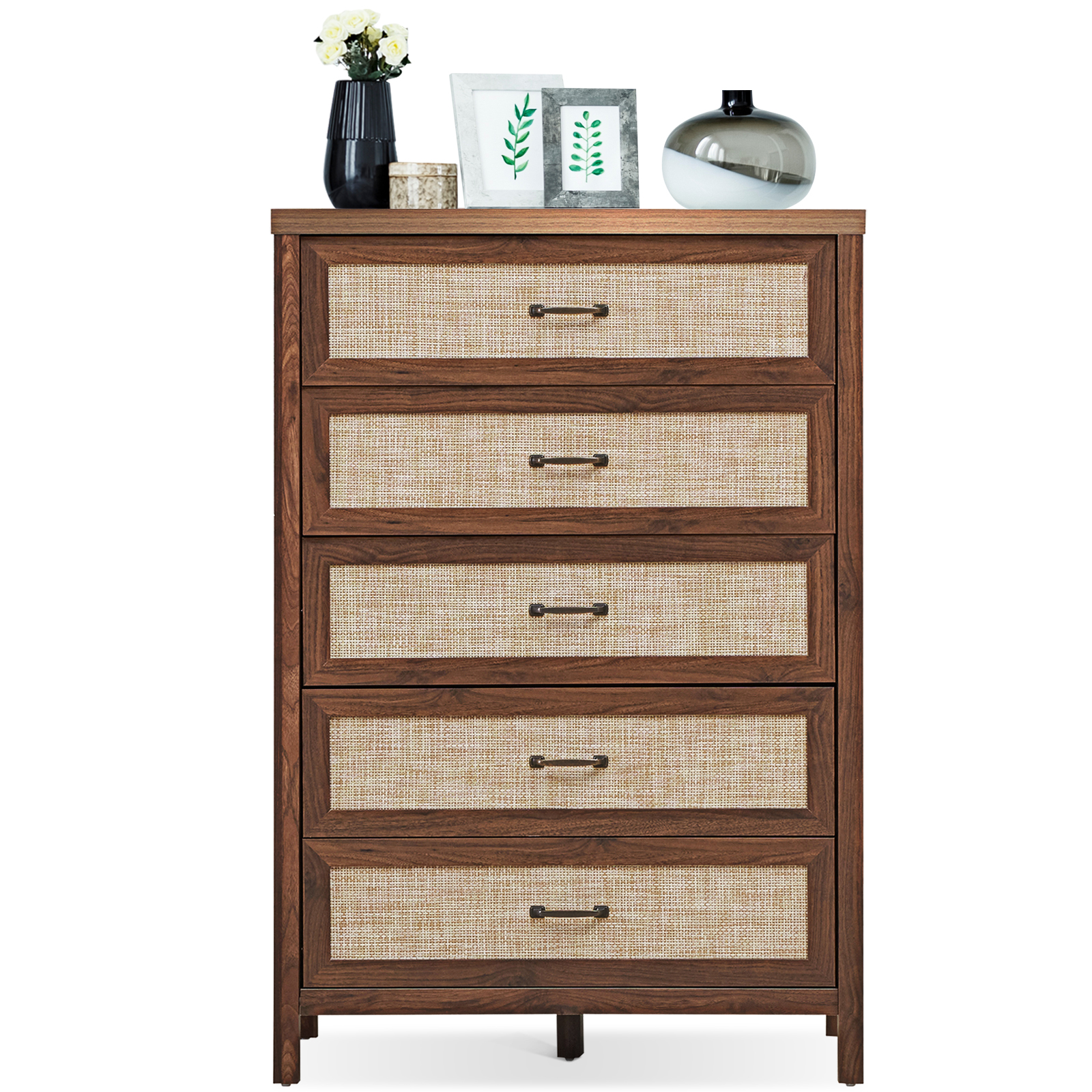 Topbuy Freestanding Wooden Dresser Chest Storage with 5 Rattan
