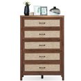 thumbnail image 1 of Patiojoy Freestanding Wooden Dresser Chest Storage Cabinet with 5 Rattan Drawers Walnut, 1 of 5