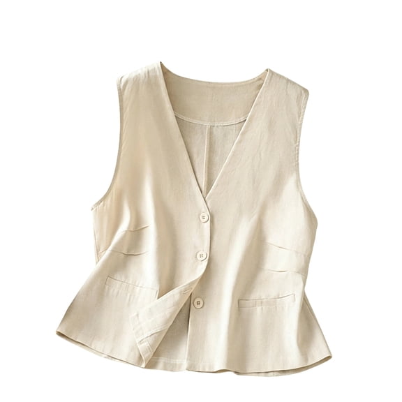 Casual Waistcoat for Women Loose Solid Color Button Up Vest V Neck Linen Blend Vests with Side Pockets Beige L
