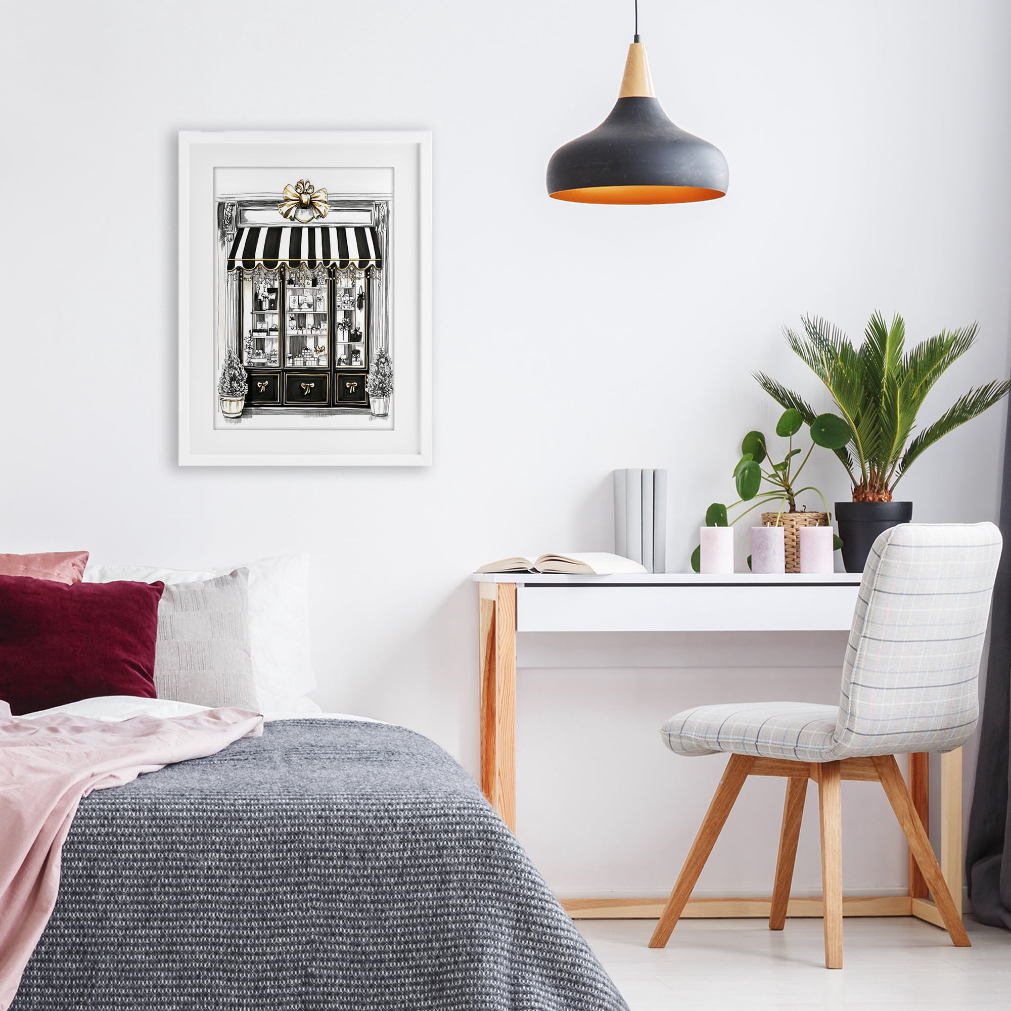 Stupell Industries Striped Paris Shop Facade White Framed Print Under Glass, design by Petal Prints Design