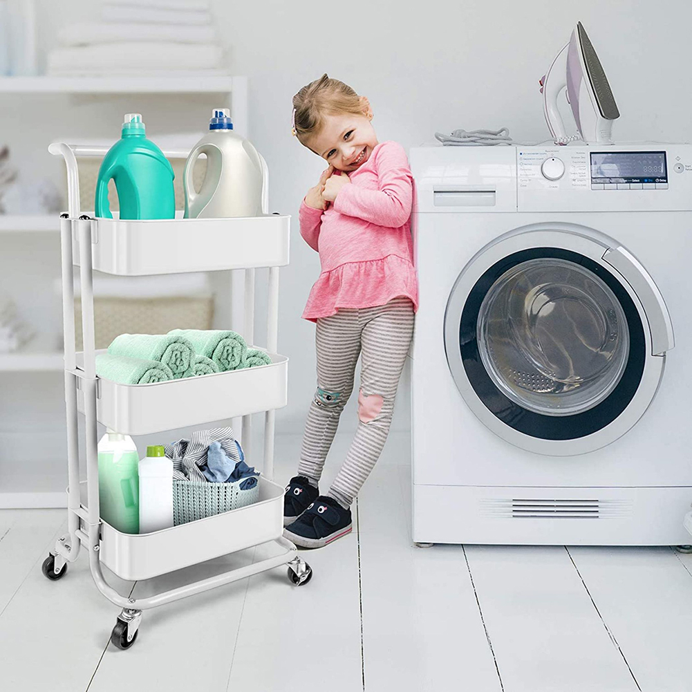 Kadyn 3 Tier Utility Carts with Lockable Wheels, Metal Rolling Cart with Handle, Storage Organizer Trolley Cart for Bathroom, White Kadyn 3 Tier Utility Carts with Lockable Wheels, Metal Rolling Cart with Handle, Storage Organizer Trolley Cart for Bathroom, White