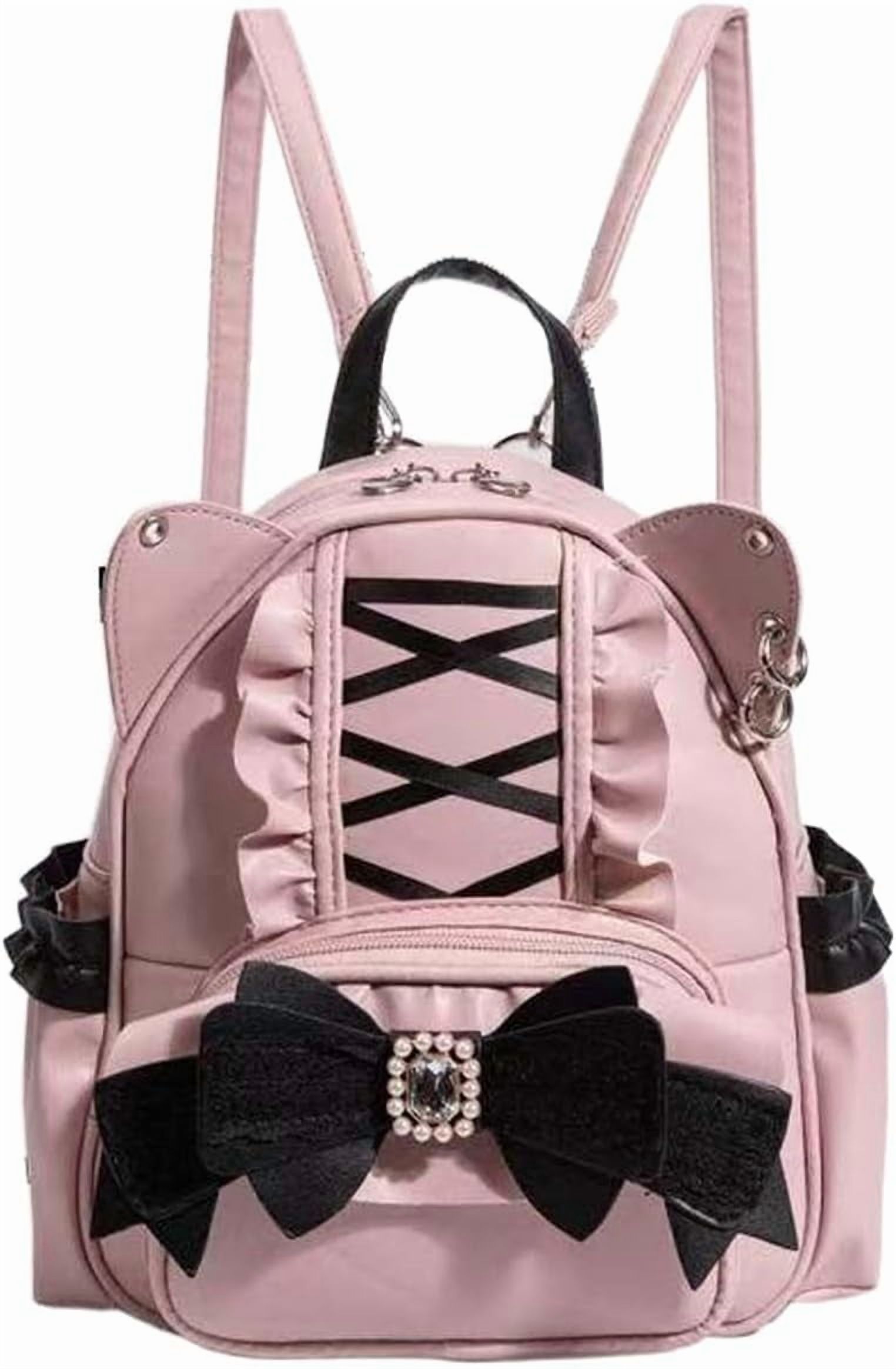 Baguery Kawaii Cat Ear Lolita Drawstring Backpack - Y2K Japanese Ins Style, Gothic Butterfly Bag with Corset Lacing (Black/Grey/Pink)​