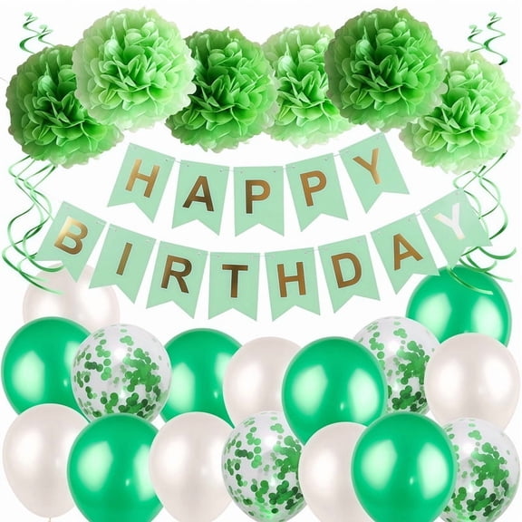 Birthday Decorations Kit with Happy Birthday Banner, Latex & Confetti Balloons, Paper Flower Balls, Spiral Charms Green Theme Party Supplies Set