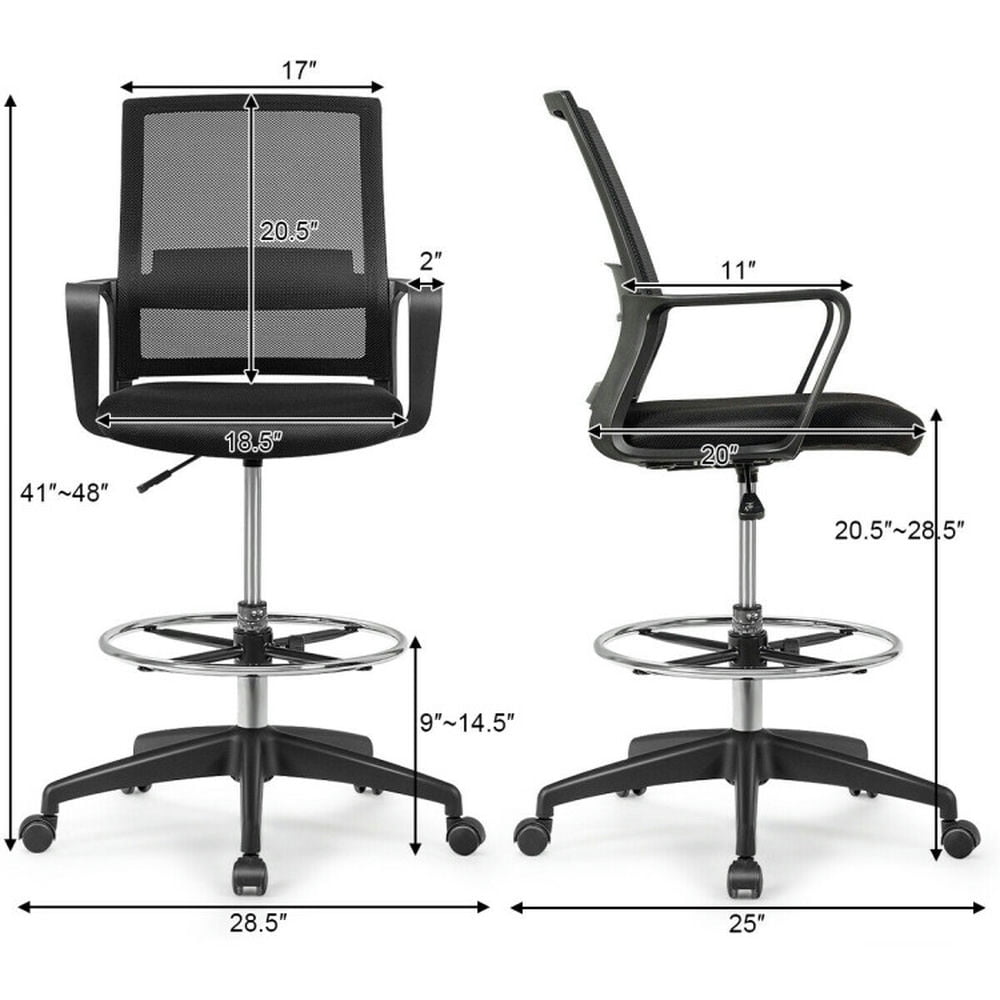 Demi Bonn Drafting Chair Tall Office Chair with Adjustable Height, Rolling Work Computer Desk Chair for Home, Bedroom, Study, Black