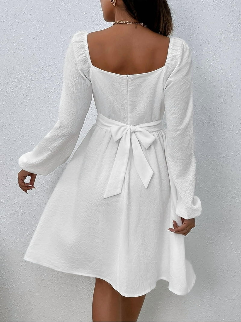 SEARIPE Women's Office Style Long Sleeve Square Neck Ruched High Waist  Lace-up Midi Dress, White, L - Walmart.com