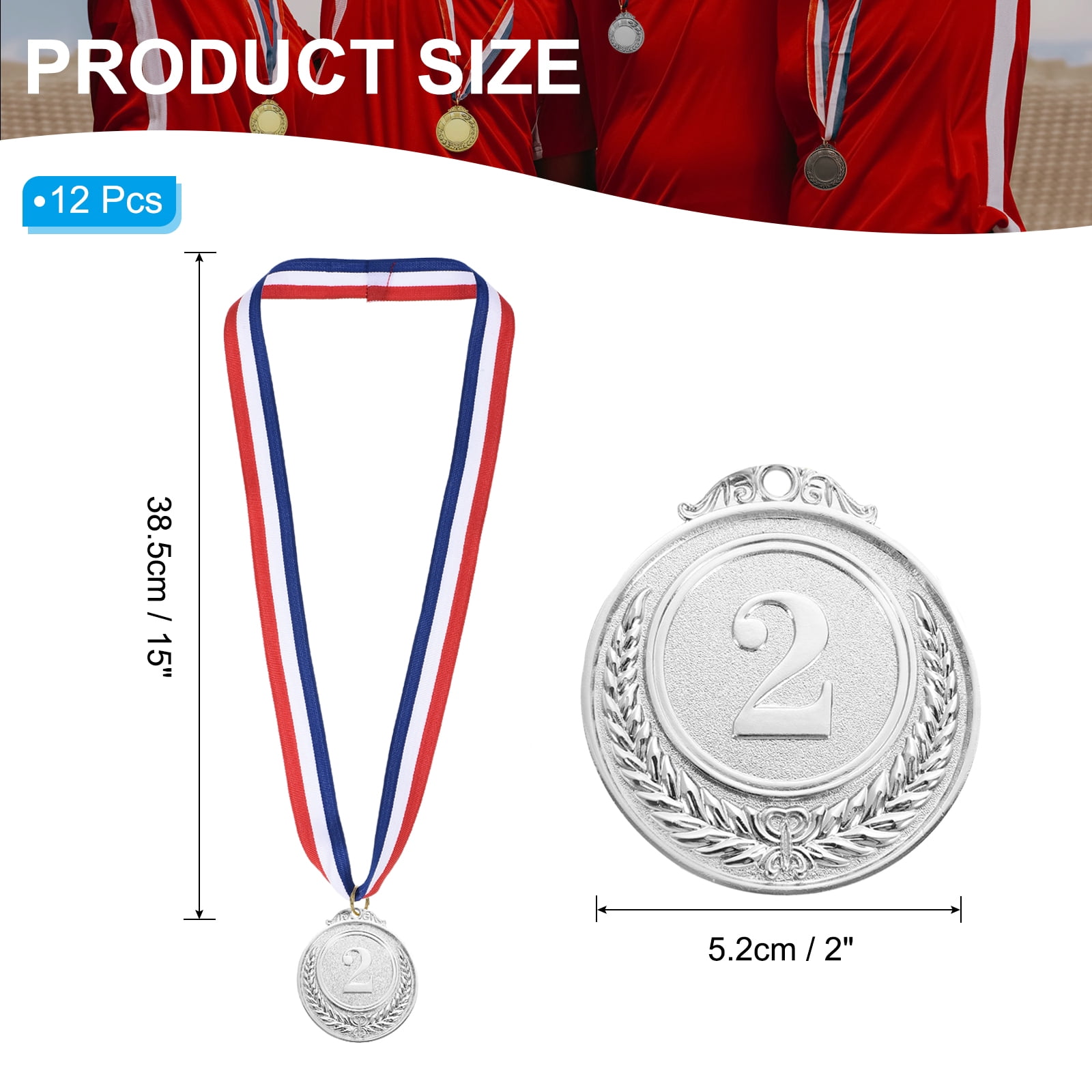 Uxcell 2 Inch Award Medals, 12 Pack Silver Medal Winner Award Prizes Frosted with Neck Ribbon