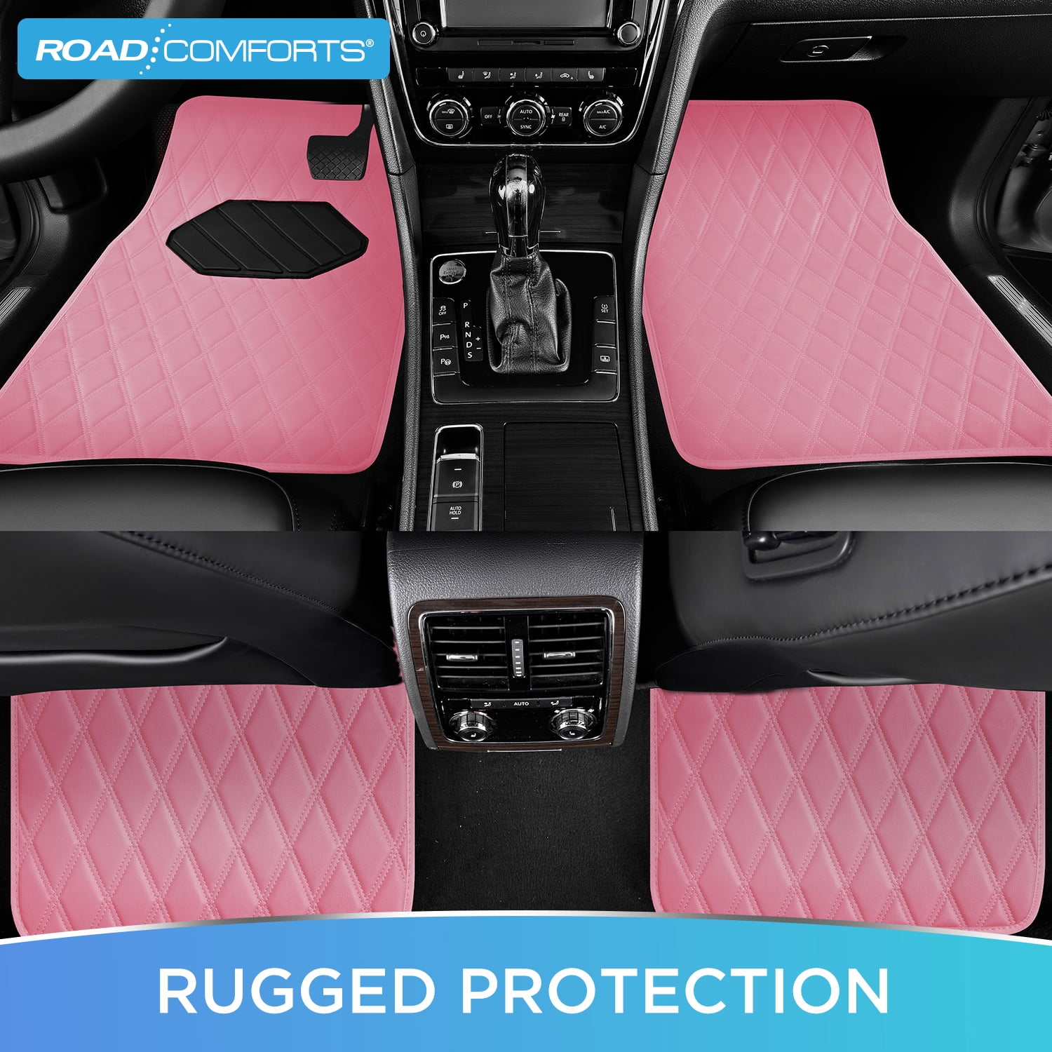 Road Comforts 4PC Leather Quilted Car Floor Mats,Stylish,Durable, Waterproof,Non-Slip,Full Coverage for Cars and SUVs Pink