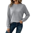thumbnail image 2 of CLOISE Tops for Women Solid Tee Crew Neck Casual Pullover Knit Long Sleeve Cuffed Sleeve Shirts Fall Slim Clothes Gray 2XL, 2 of 8