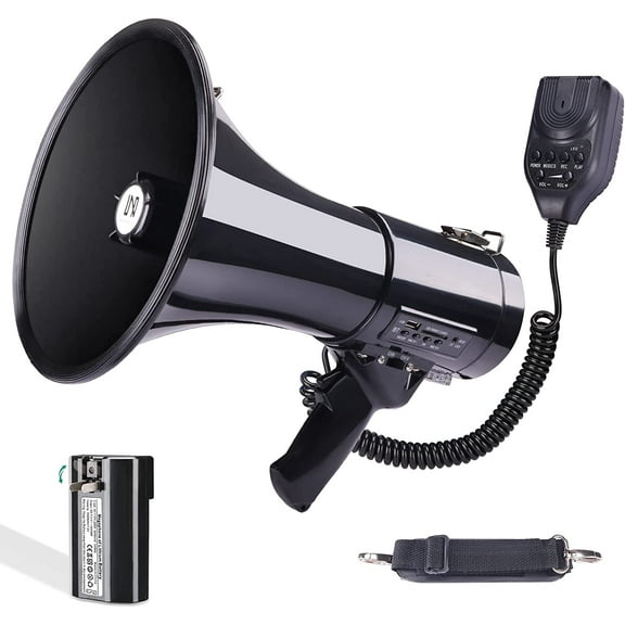 50 Watt Professional Bluetooth Megaphone Bullhorn Speaker with Rechargeable Battery & Portable Strap - Siren and Recording - USB/SD/AUX Input - for Police, Cheerleading, Outdoor
