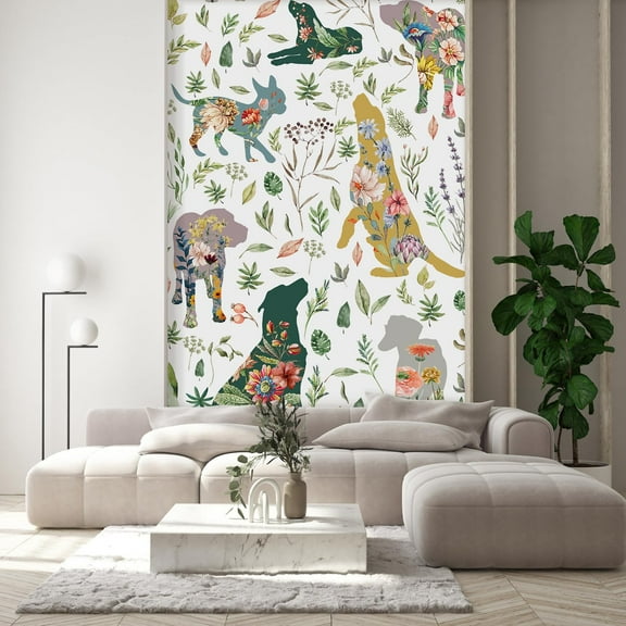 Idea4wall 2pcs Whimsical Animal Silhouette Playful & Colorful Wildflowers Wall Murals, Removable Self-Adhesive Stick Wallpaper Large Wall Stickers for Home Decorative, 48"x108"