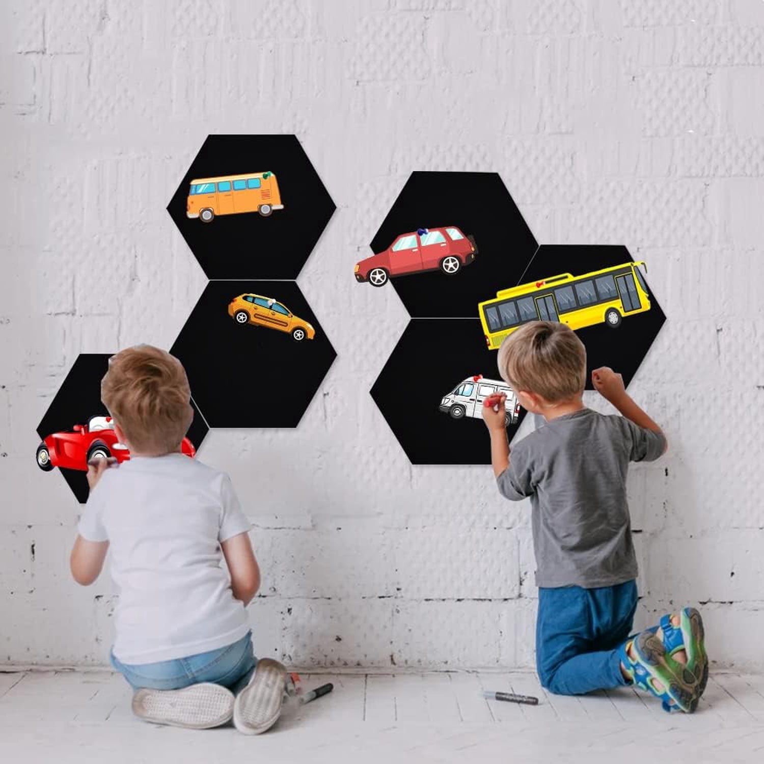 6 Pcs Hexagon Bulletin Board with 50 Pushpins & Sticky Note Adhesive Cork Board for Wall，Felt Pin Board for School，Office Decor（Black）