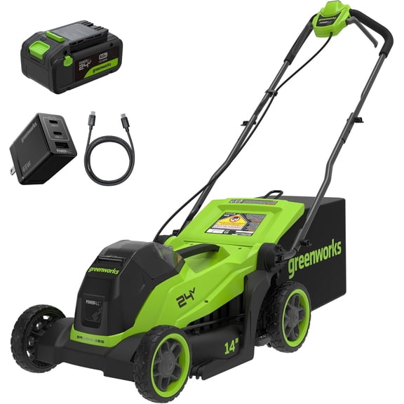 Greenworks 24V 14″ Brushless Cordless Lawn Mower Kit with 5.0Ah USB-C Battery & 65W Type-C Charger