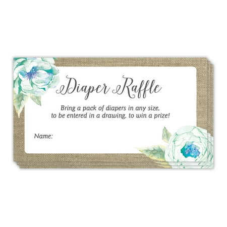 Digibuddha Diaper Raffle Game Tickets 48 Pack Rustic Baby Shower Mommy to Be Infant Newborn Boy Gender Guest Invitation Inserts Blue Floral Name Tag Cards Prize Drawing 3.5 x 2