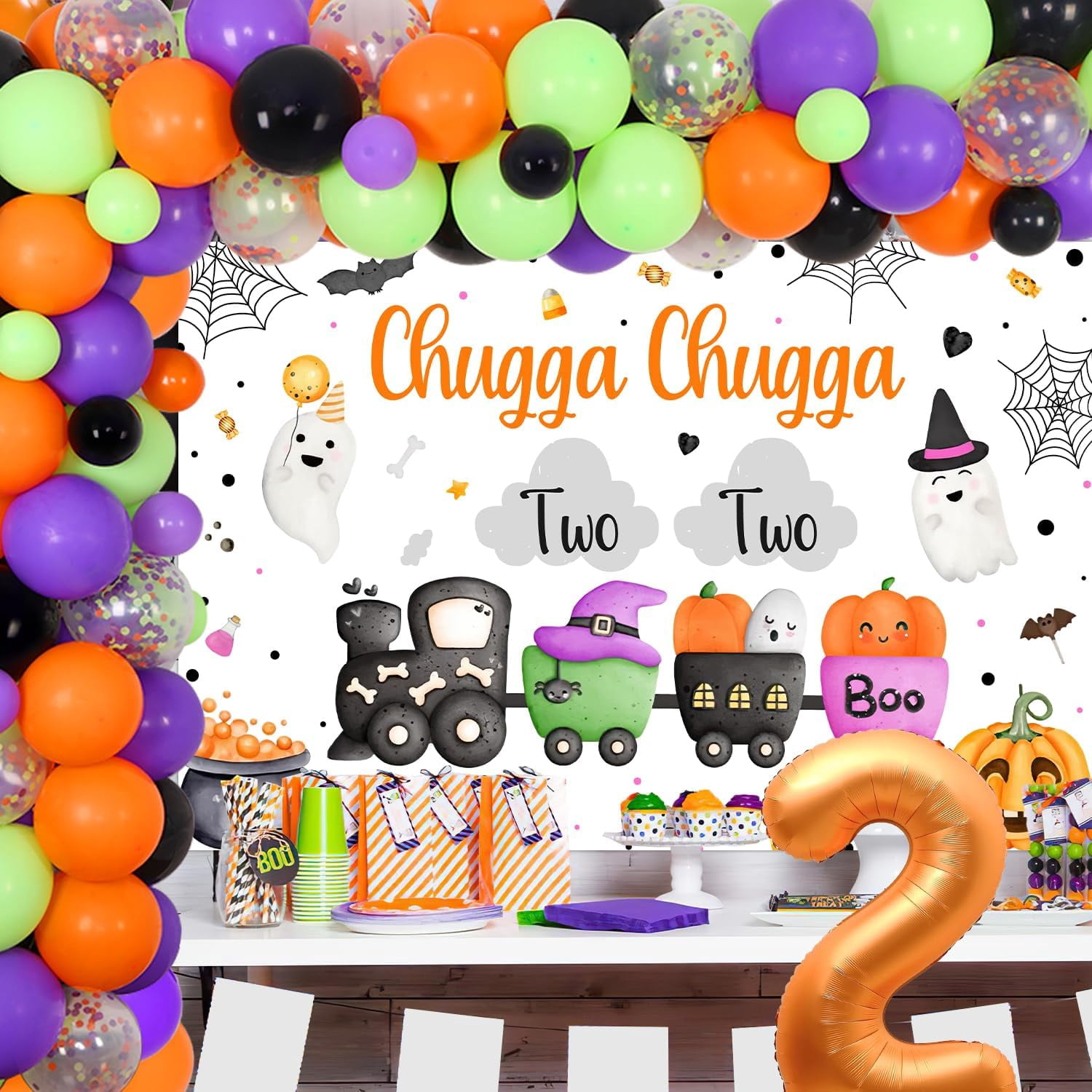 71Pcs Halloween Chugga Chugga Two Two Birthday Party Decorations Train Backdrop Orange Black Number 2 Halloween Balloon Garland Arch Kit Foil Balloon for Halloween 2nd Birthday Party Decor Supplies