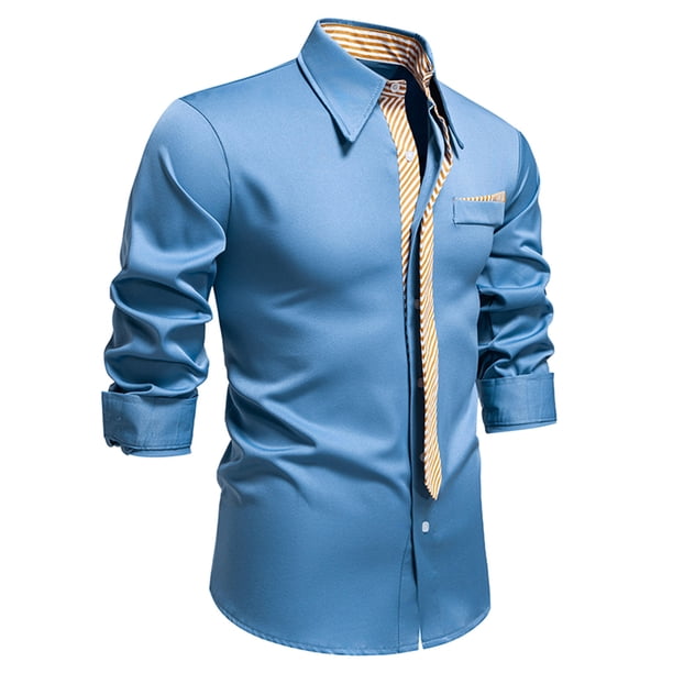 Blusa y camisa de manga larga con cuello vuelto para hombre, informal, a la moda, con botones sólidos, de poliéster, de manga larga y cuello vuelto.
