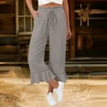 thumbnail image 2 of Hngshg Womens Capri Pants Summer Beach Vacation Ruffle Wide Leg Pants Loose Leisure Solid Color Drawstring Trousers with Pockets, 2 of 7