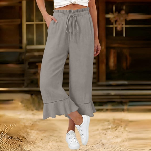 Pounoo Capri Pants for Women Elastic Drawstring Waist Ruffle Hem Trousers Soft Daily Style Lightweight Airy Loose-Fit Pants Gift