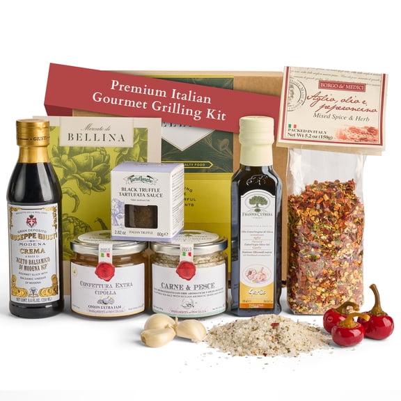 Mercato di Bellina Grill Master Gift Basket - Italian Made Caramelized Onion Jam, Seasonings, Extra Virgin Olive Oil, Black Truffle Sauce, Balsamic - Perfect Fathers Day Grilling Gift Set Dad, Husban