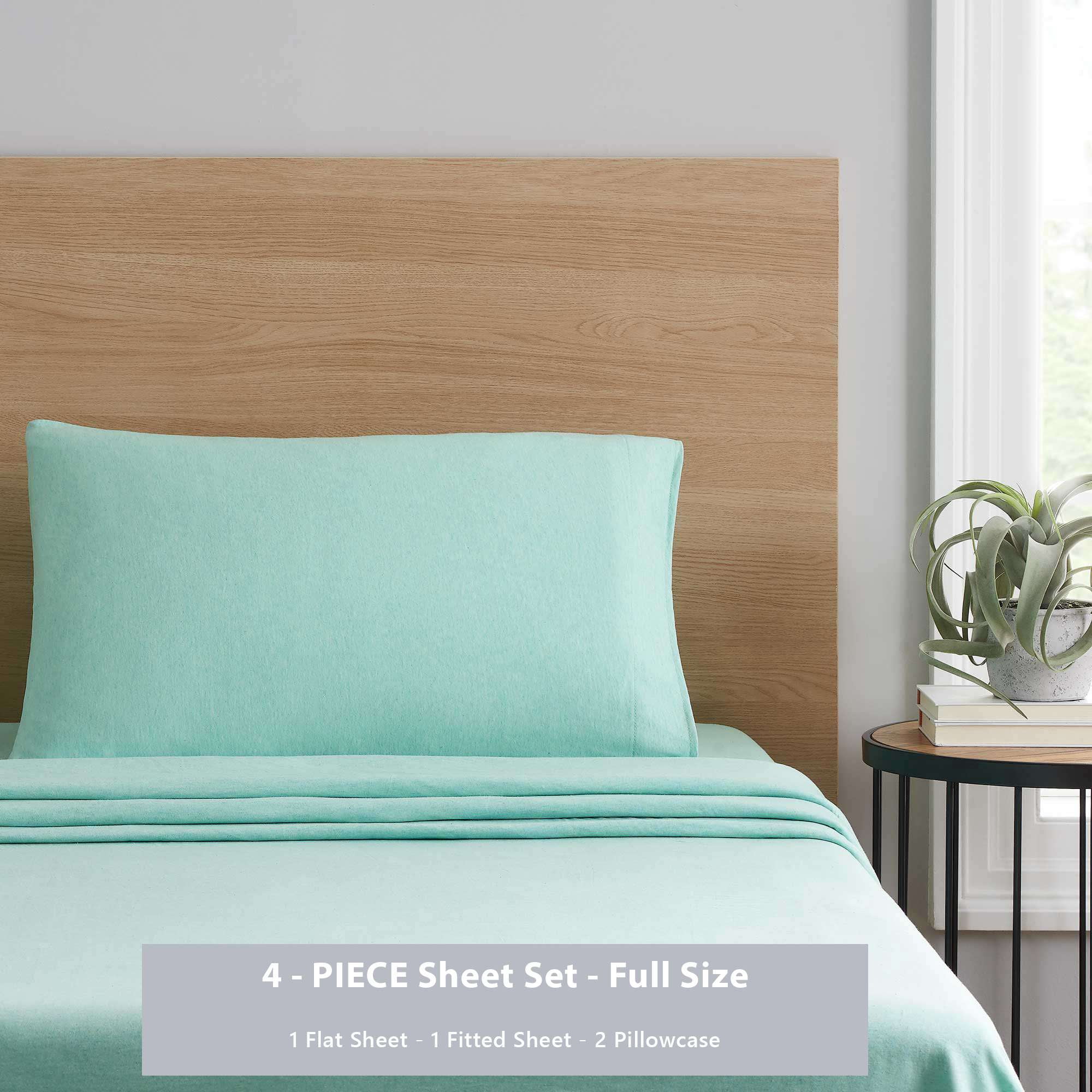 Mainstays Cotton Rich Extra Soft Jersey Bed Sheet Set, Full, Classic Mint, 4 Pieces