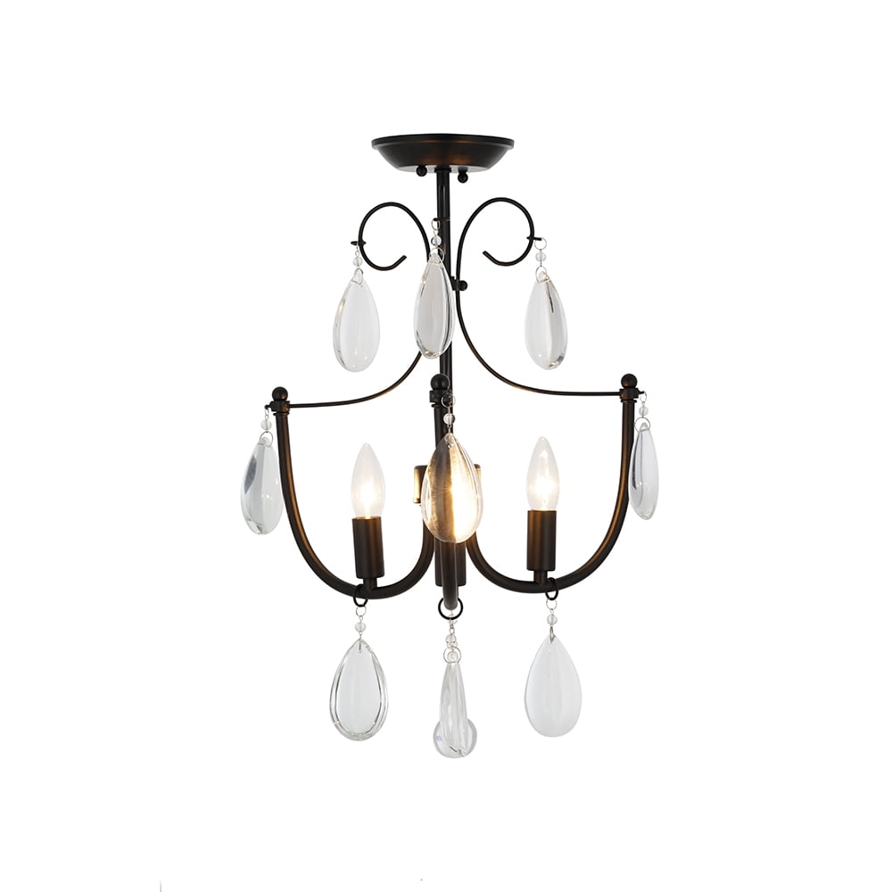 Cresswell Lighting 16" Traditional Dark Bronze 3-Light Flush mount Ceiling Light with Glass Beads, LED Bulbs Included