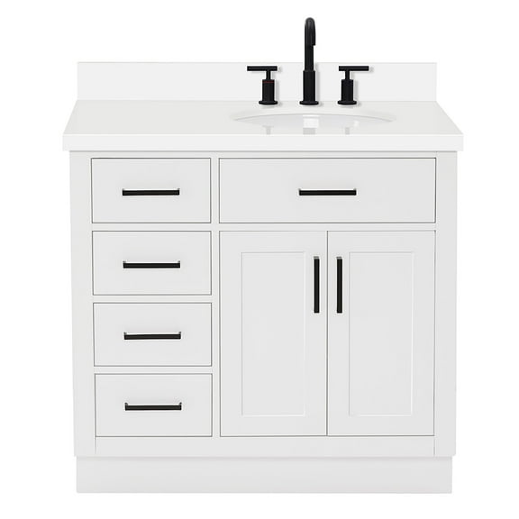 Ariel Hepburn 37 In. Right Offset Oval Sink Vanity With White Quartz Countertop In White