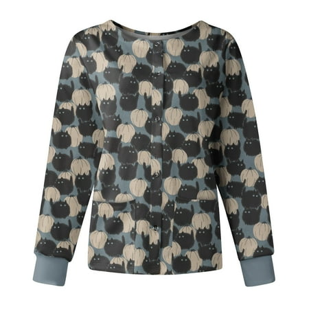 

Women Scrubs Top Working Uniform Nurses Clothing Multicolor Printed O-Neck Long Sleeve Trendy Pockets Loose Tops Shirt