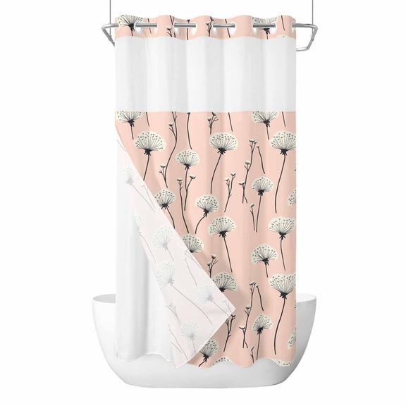 Pink Spring Floral No Hook Shower Curtain Waterproof, Bathroom Curtains with Snap in Liners and See Through Top Window, Watercolor Botanical Summer Hotel Style Bathtub Curtains Shower 36"Wx72"L
