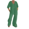 thumbnail image 4 of Scyoekwg Two Piece Outfits for Women Cotton Linen Short Sleeve V-Neck Tops Wide Leg Pants Trendy Casual Sweatsuits Sets Loose Solid Color Outfits (Green,L), 4 of 8