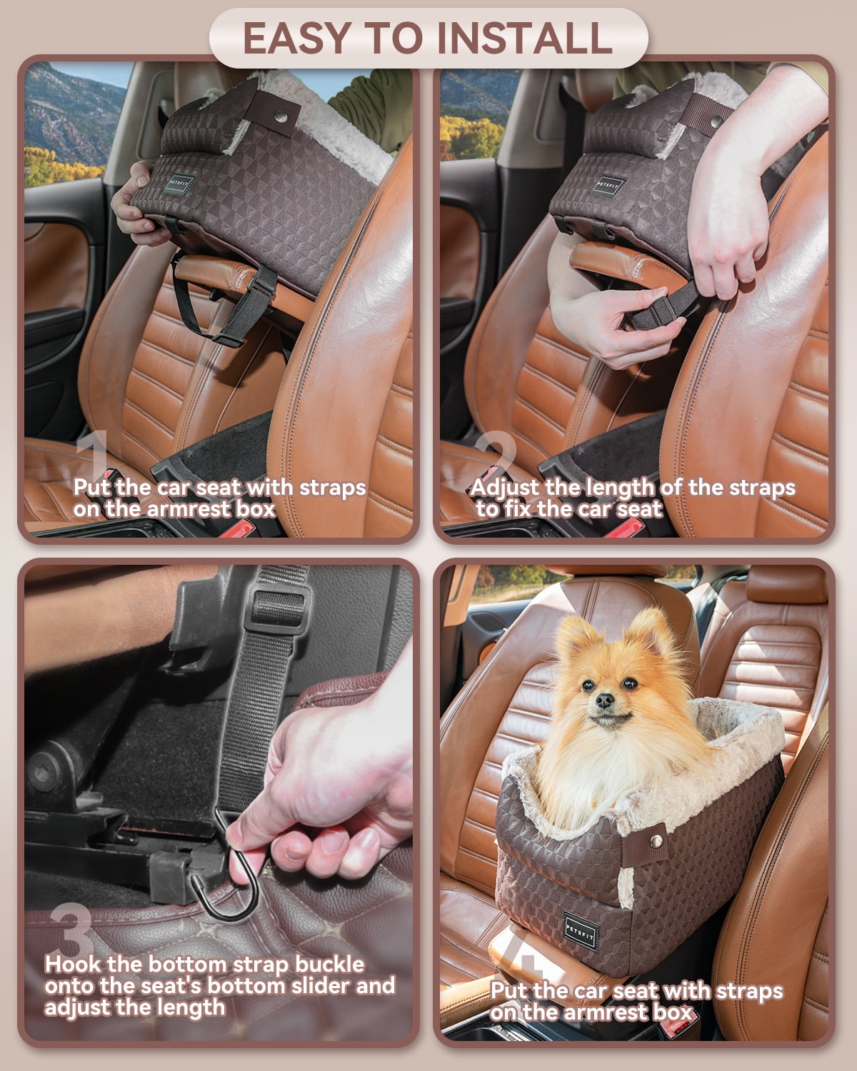 PETSFIT Center Console Dog Car Seat with Safe Protection Hooks, Pet Car Seat with Upgraded Safety Tethers, Washable Cushion, Console Dog Car Seats for Small Dogs (Brown)